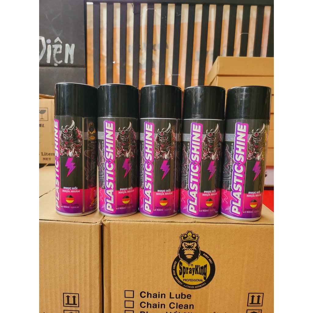 Chai xịt phục hồi nhựa nhám, nhựa đen, dưỡng đen dàn nhám Sprayking Plastic Shine 400ml, dàn áo