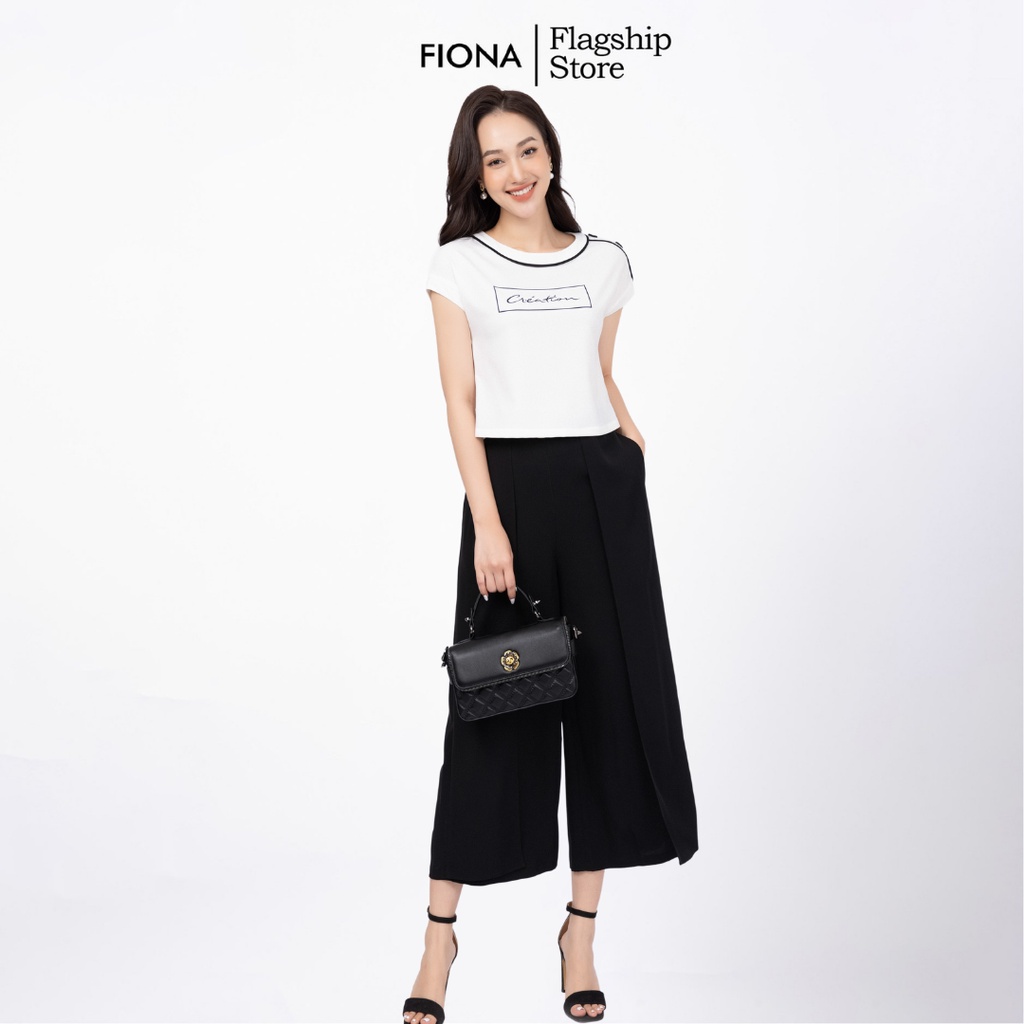 Áo sơ mi nữ dáng croptop suông kẹp lé phối lưới viền cổ vai đính cúc trang trí FIONA F552150