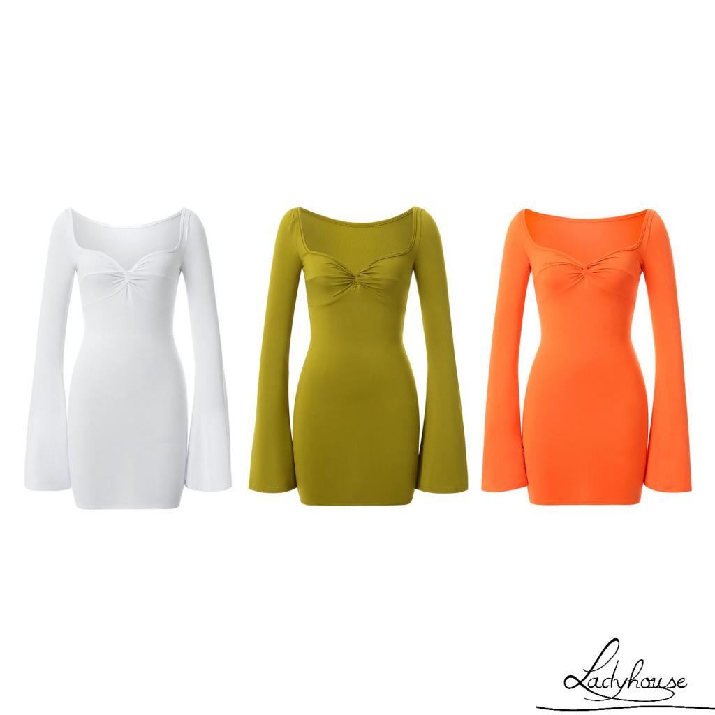 Đầm cổ vuông tay loe màu trơn quyến rũ cho nữ