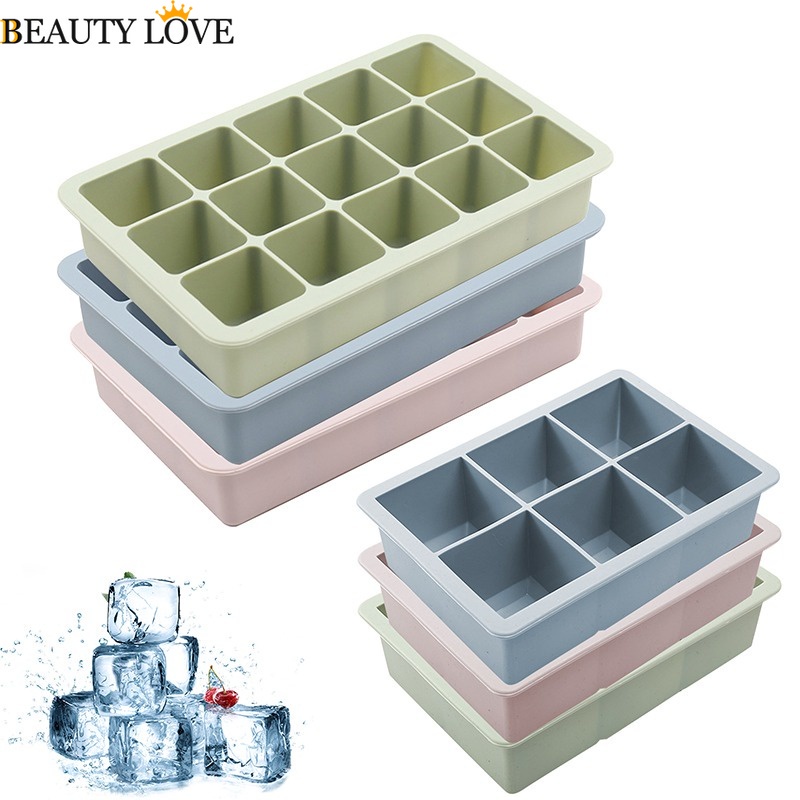Khuôn Làm Đá Viên 6 / 15 Ngăn Bằng Silicon Dẻo Có Nắp Đậy Tiện Dụng Cho Nhà Bếp