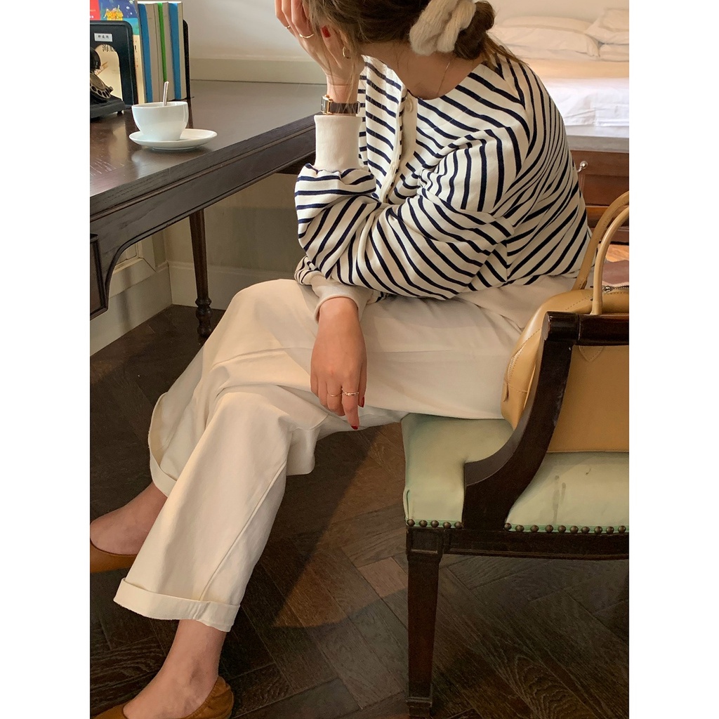 ZHELIHANGFEI Áo Khoác Cardigan Dệt Kim Tay Dài Dáng Rộng Kẻ Sọc Kiểu Retro Đơn Giản