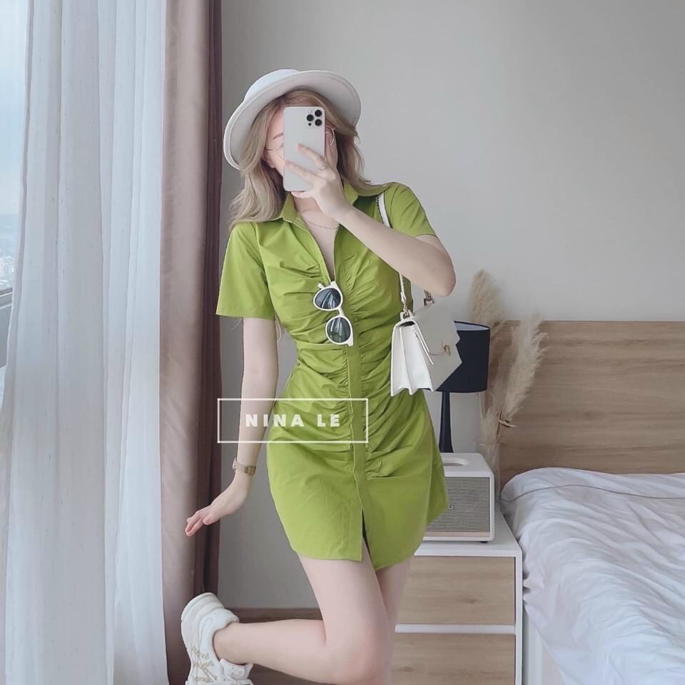 Đầm umi bẻ cổ ôm eo có mút, đầm nữ ôm eo có mút tôn dáng
