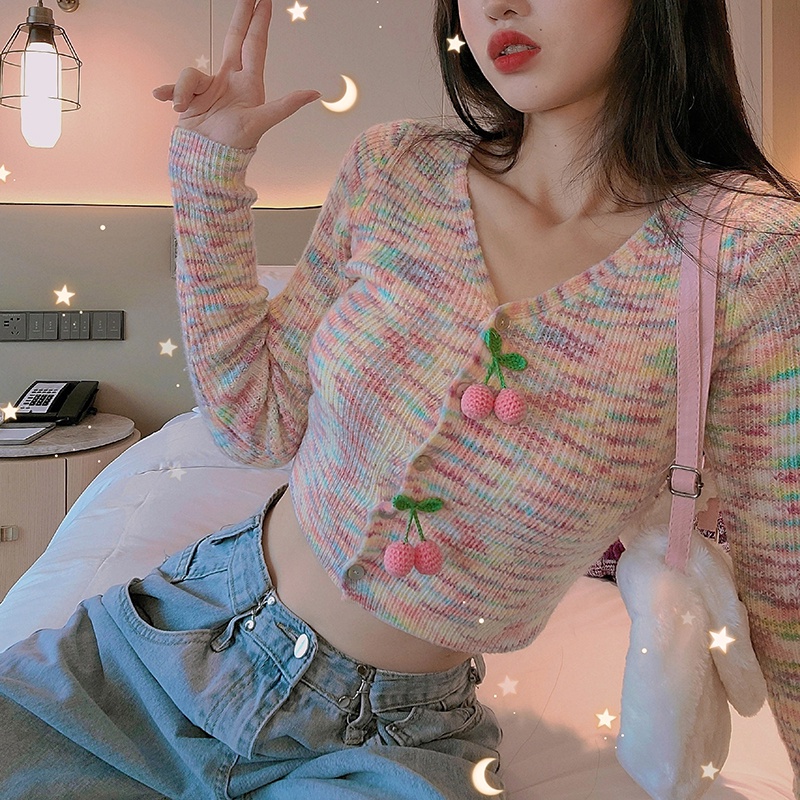 QKOOLE  Áo Lửng Dệt Kim Cổ Chữ V Gợi Cảm Cho Nữ