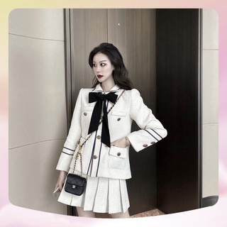 SẴN (Kèm ảnh thật) Set áo khoác chân váy xếp ly vải tweed sang chảnh cực xinh