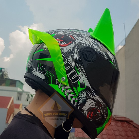 Mũ đi xe máy full face AGU chó SÓI XANH LÁ + SỪNG BATMAN kèm ĐUÔI GIÓ