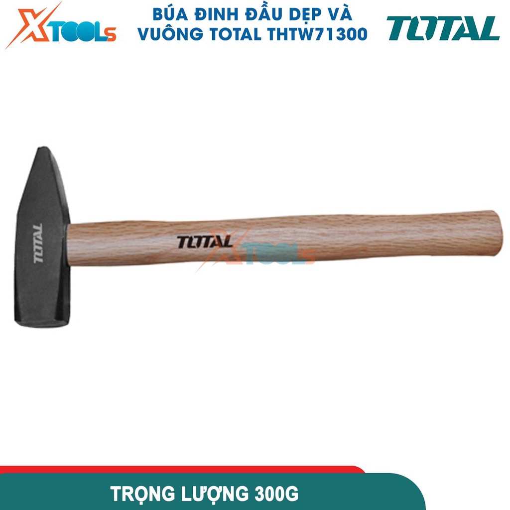 Búa đinh đầu dẹp và vuông TOTAL THTW71300, đầu bùa nặng 300g, cán cầm bằng gỗ, đầu búa rèn thả xử lý- CHÍNH HÃNG- XTOOLS
