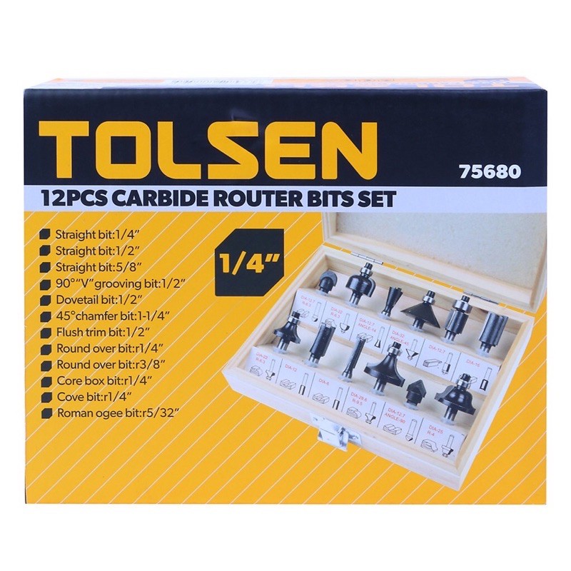 Bộ 12 Mũi Phay Gỗ TOLSEN Cao Cấp