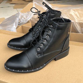Boots đen cổ cao cột dây đế thấp phong cách, cá tính