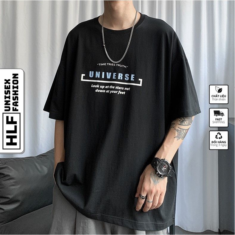 Áo phông nam form rộng chữ universe, áo thun tay lỡ HLFashion