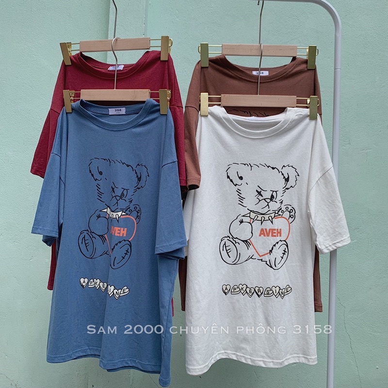 Áo phông 3158 in hình gấu freesize from rộng  [ ảnh và video shop chụp ]