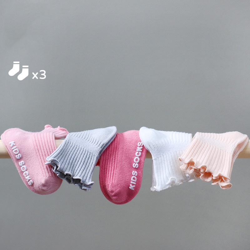 Set 3 Đôi Vớ Cotton Chống Trượt Màu Trơn Phối Ren Dành Cho Bé Gái 0-7 Tuổi