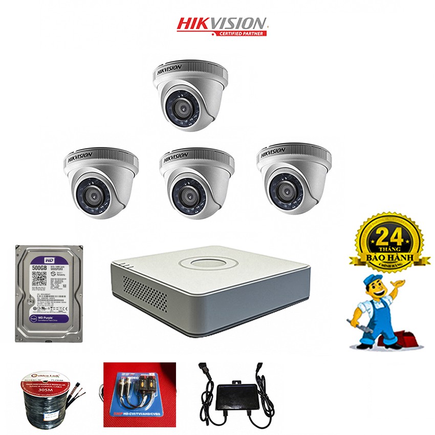 Trọn Bộ Camera Hikvision 2MP DS-2CE56D0T-IR HD 1080P (Bộ 1-4 camera FULL HD 2MP) - Hàng chính hãng