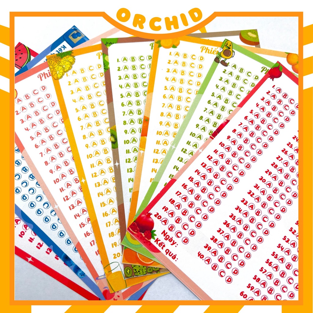Set 10 phiếu điền trắc nghiệm, answer sheet food & fruit size A6