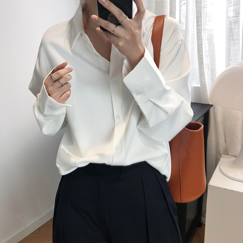 Áo sơ mi dài tay dáng rộng màu trơn thời trang mùa thu retro