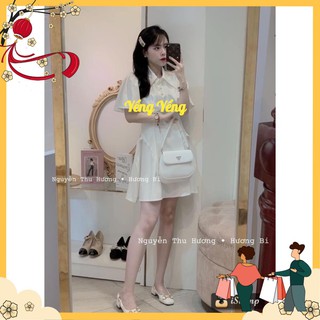 Vnu319 - váy trắng xoè cổ bẻ cúc bọc tay bèo