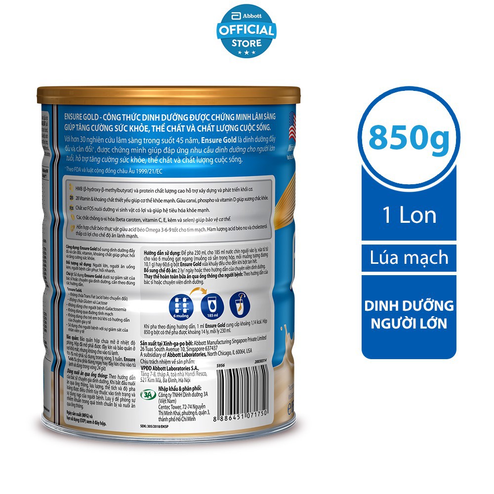 Sữa bột Ensure Gold Lúa mạch(HMB) 850g
