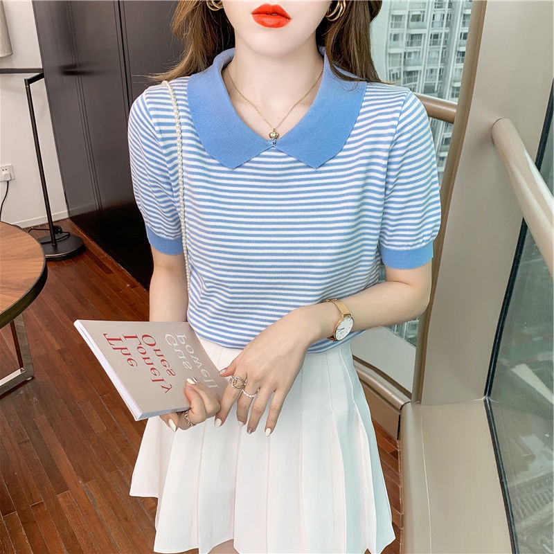 Áo Dệt Kim Tay Ngắn Cổ Búp Bê Họa Tiết Kẻ Sọc Thời Trang Mùa Hè Cho Nữ