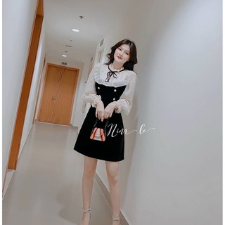 Đầm Xòe Dự Tiệc Tay Dài Phối Voan Họa Tiết Cổ Tròn Bèo Trắng Sang Trọng Thời Trang  - Winchois