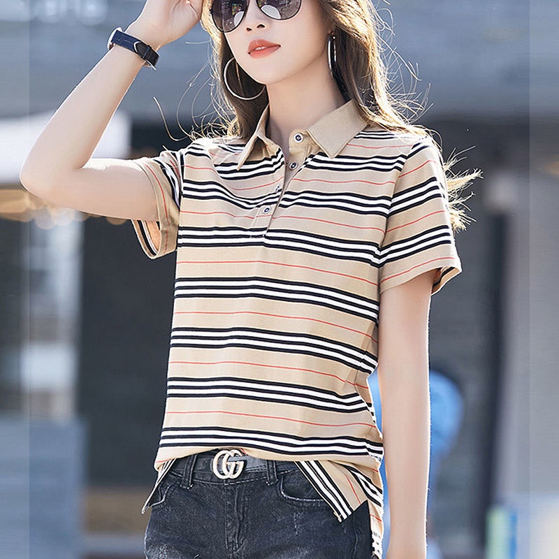 Áo polo 100% Cotton Tay Ngắn Họa Tiết Kẻ Sọc Thời Trang Mùa Hè Dành Cho Nữ 2022
