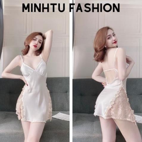 Váy Ngủ Sexy, Đầm Ngủ 2 Dây Kèm Quần ( Có Mút Ngực ) Chất Lụa Satin Phối Ren Hông Sexy Quyến Rủ, Gợi Cảm | BigBuy360 - bigbuy360.vn