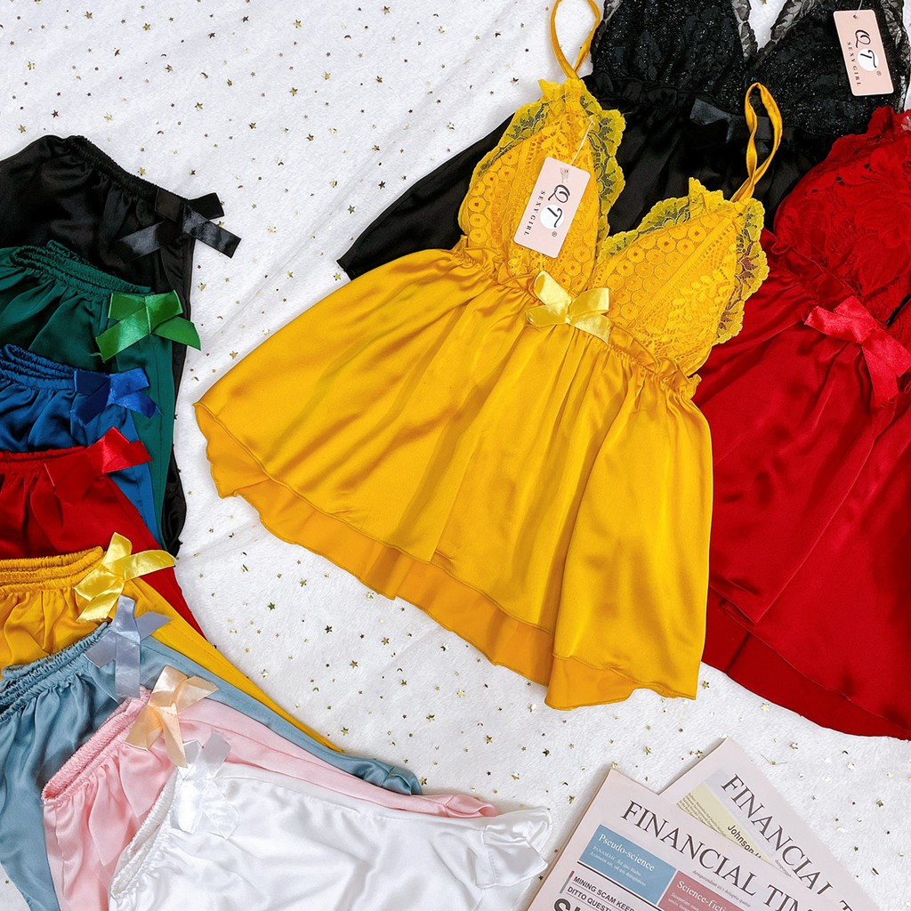 Đồ Ngủ Sexy 2 Dây Phối Ren Hoa Có Mút Ngực chất Satin mát mẻ - Linqu Sleepwear