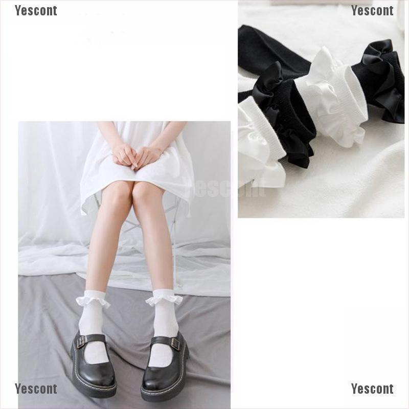 （Yescont）Cute Socks Lolita Ruffle White Frilly Ruffle Princess Socks Woman Happy Socks