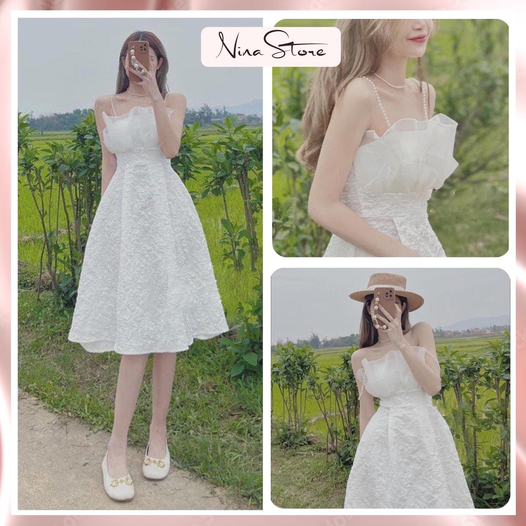 Váy 2 dây nữ gấm ngọc họa tiết hoa nổi đầm dự tiệc dài có bèo ngực bo chun lưng tôn eo khoe dáng NinaStore