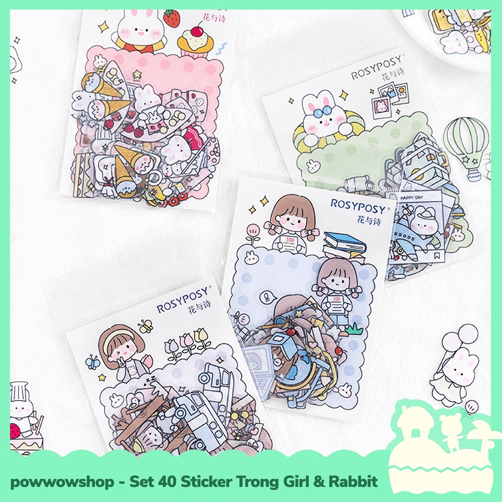 [Sẵn VN - Hỏa Tốc ] Bộ 40 Sticker Decal Trong Dán Trang Trí Vật Dụng RosyPosy Đáng Yêu Girld &amp; Rabbit