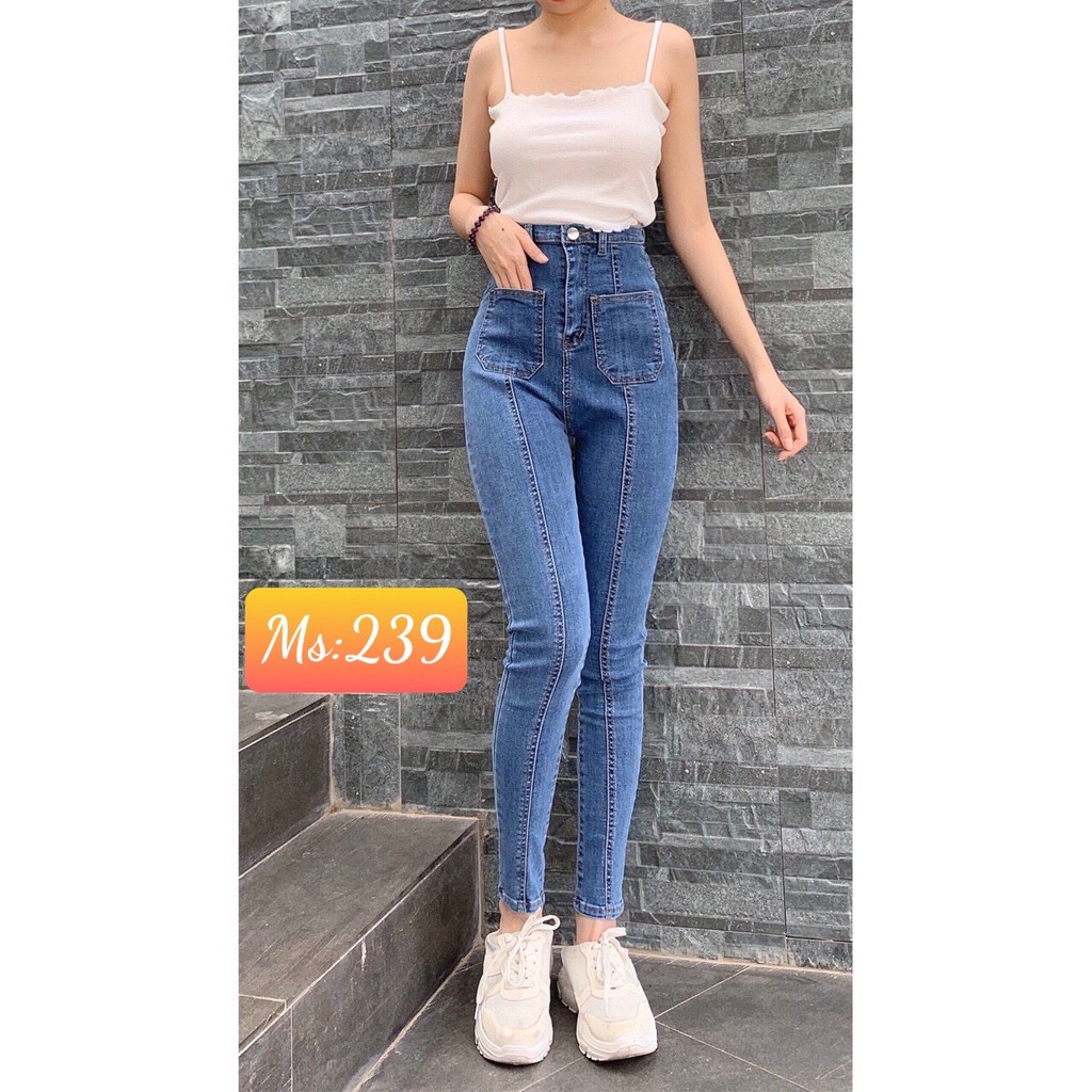 Quần jean nữ lưng siêu cao SỌC GIỮA + 2 TÚI GIỮA SỌC màu xanh L239 -U3