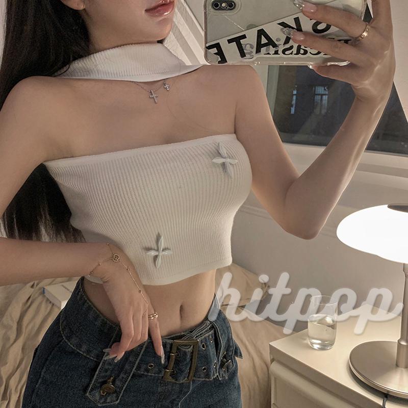 Áo Croptop Dệt Kim Sát Nách Cổ Yếm Đan Chéo Màu Trắng/Đen/Xanh Dương Thời Trang Mùa Hè Cho Bạn Gái
