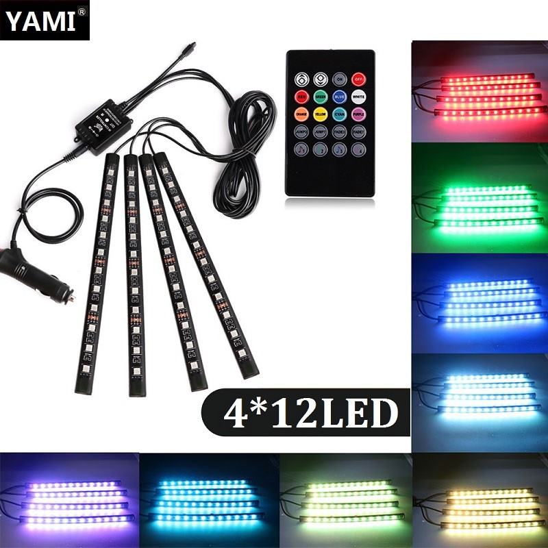 【Có hàng sẵn】BỘ 4 Dải ĐÈN LED 48 Bóng 7 MÀU Led CẢM ỨNG THEO NHẠc RGB trang trí nội thất xe ô tô kèm bộ điều khiển