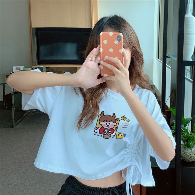 Áo Thun Ngắn Tay Dáng Rộng Eo Cao Phối Dây Rút Phong Cách Hàn Quốc Thời Trang Mùa Hè Dành Cho Nữ Sinh