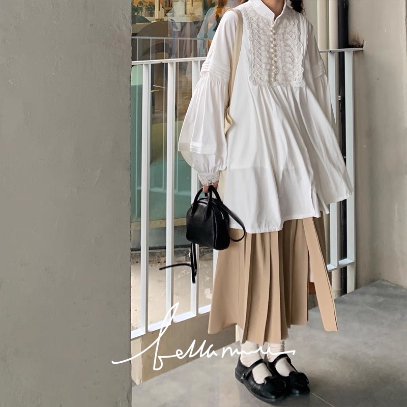 LAYLA DRESS Đầm trắng nút ngọc tay bồng tặng kèm dây cột phong cách cổ điển Pháp SAM SAM BOUTIQUE