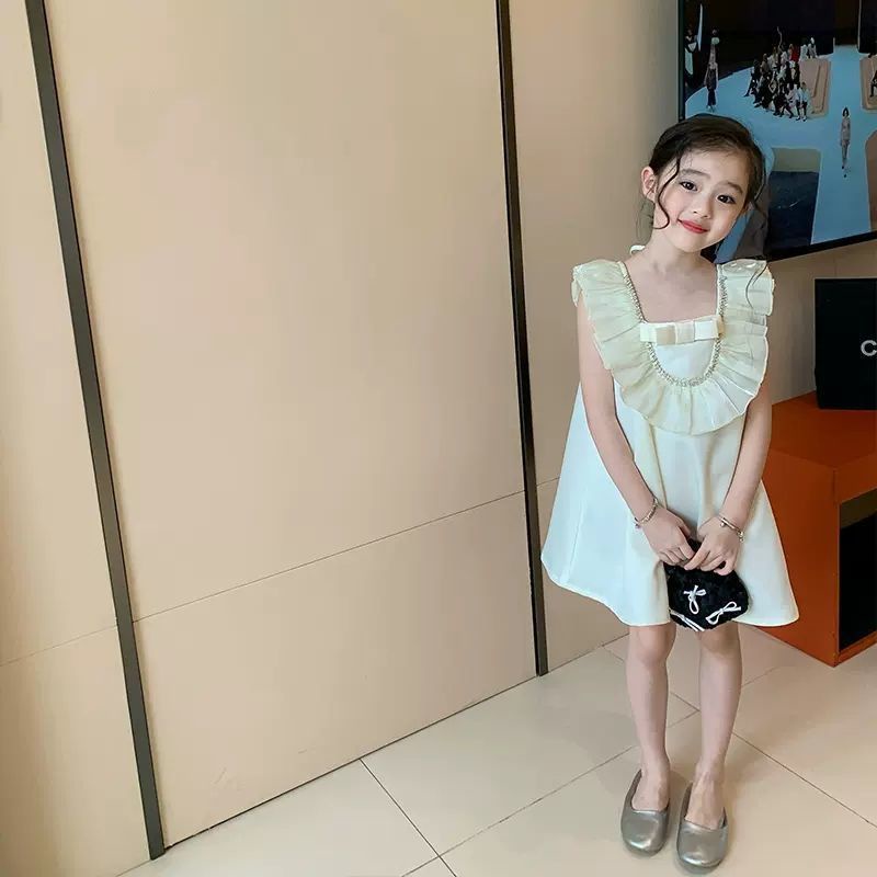 Đầm Công Chúa Mùa Hè Hai Dây Dáng Chữ A Tay Cộc Có Diềm Xếp Nếp Thời Trang Cho Bé Gái