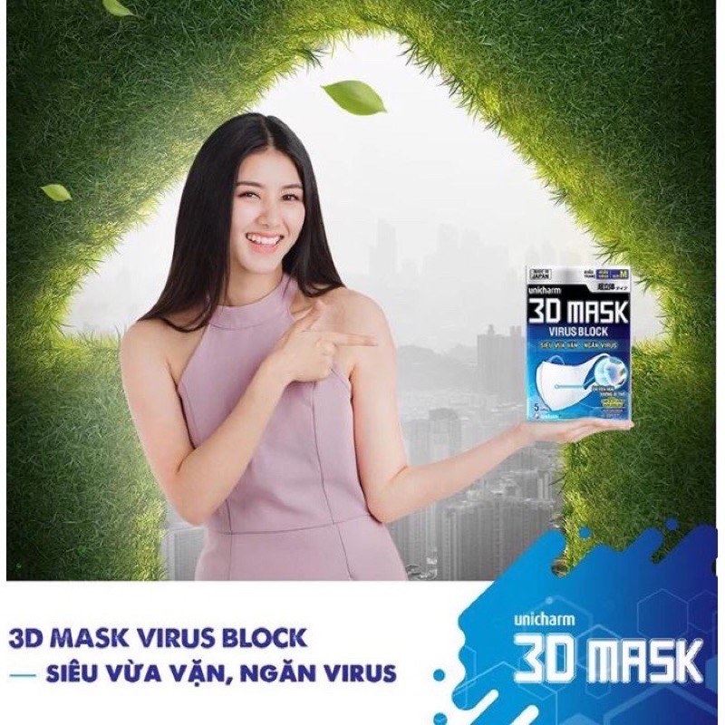 Khẩu trang ngăn vi khuẩn Unicharm 3D Mask Virus Block size M gói 5 miếng