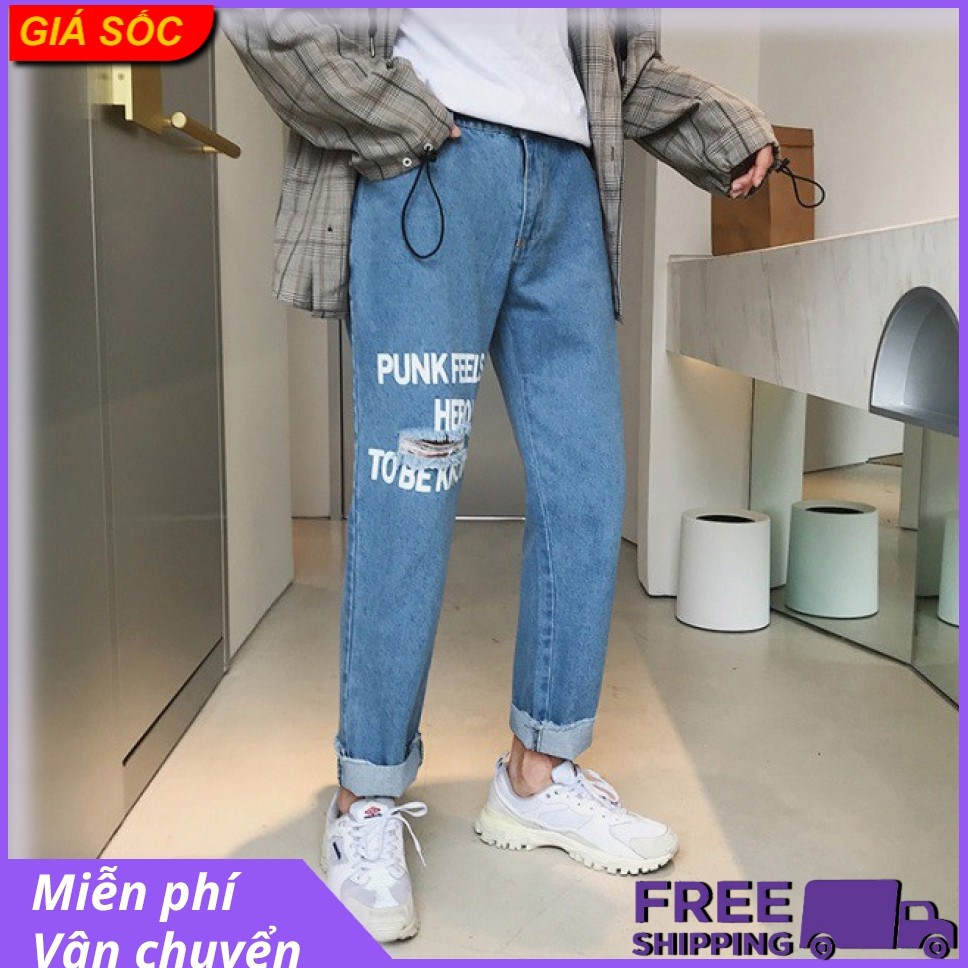 Quần jean unisex phong cách dạo phố kiểu rách 1 bên gối Nam Nữ màu Xanh QJK70A