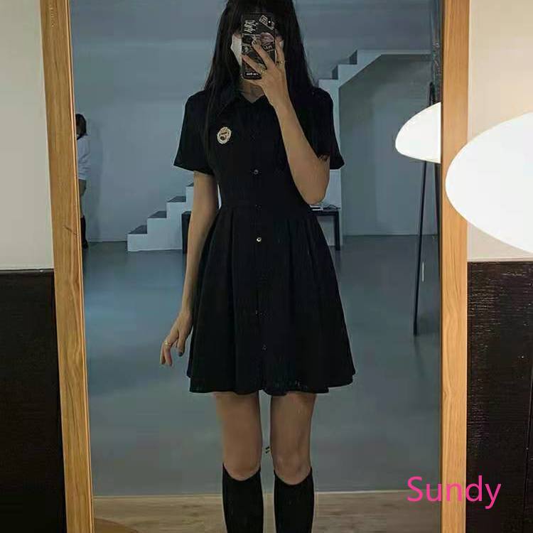 Plus Đầm Tay Ngắn Cổ Polo Màu Đen Xếp Ly Thời Trang Mùa Hè Cho Nữ