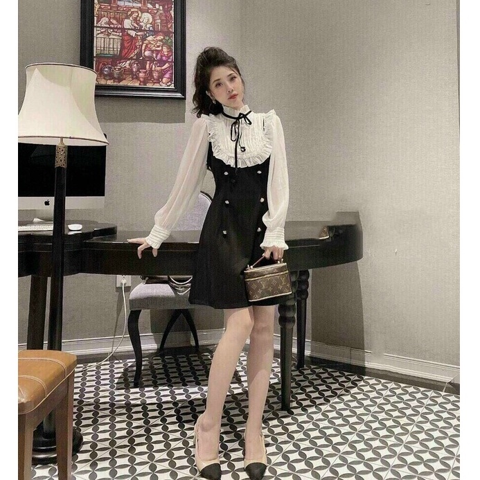 Đầm Nữ Ôm Tay Dài Phối Voan Kiếng,Cổ Có Nơ Đính Nút Ngực Phối 2 Màu Trắng Đen Xinh Xắn Dễ Thương Phù Hợp Mọi Phong Cách