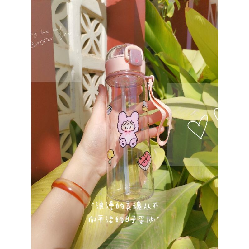 Bình đựng nước cute có ống hút, bình nước nhựa dễ thương có ống hút 500ml mang đi học, đi làm tiện dụng dễ thương