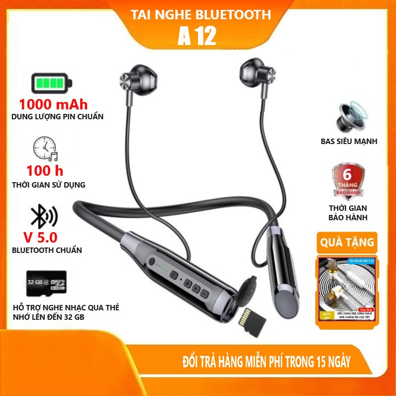 Tai nghe không dây, Tai nghe bluetooth cao cấp A12 Nghe nhạc 100h, pin 1000mAh Bass treble siêu mạnh mic đàm thoại tốt