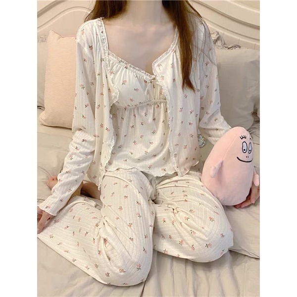 [SẴN XANH]  Set đồ ngủ 3 chi tiết chất vai thun co giãn