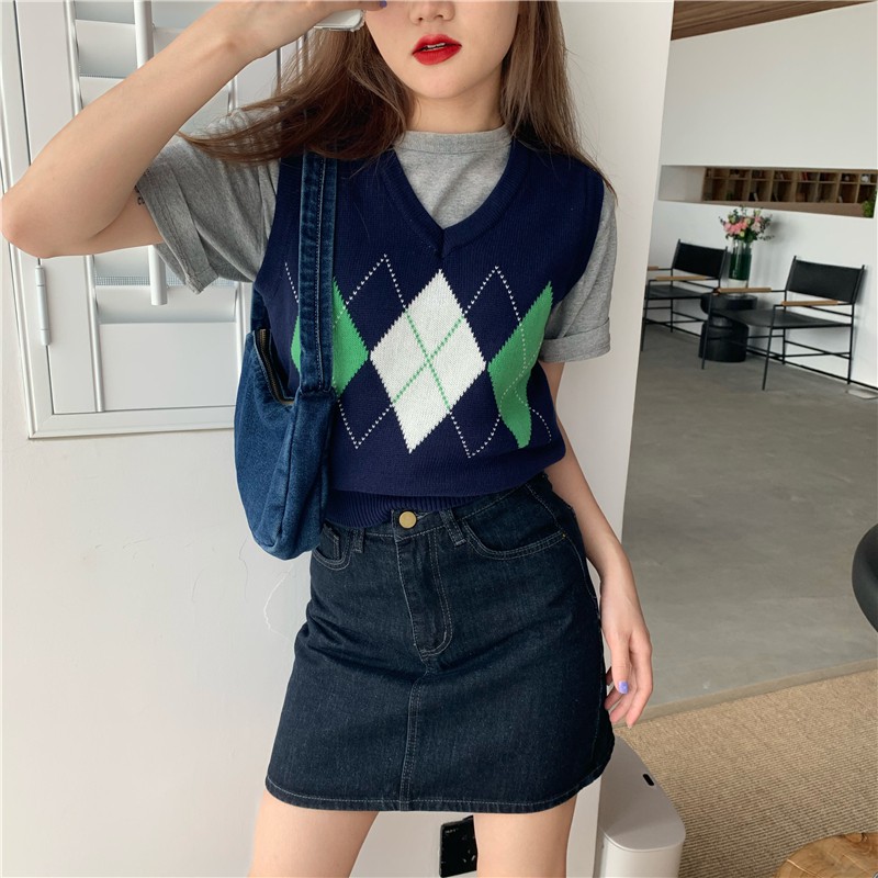 Áo dệt kim không tay màu sắc tương phản phong cách retro thời trang dành cho nữ