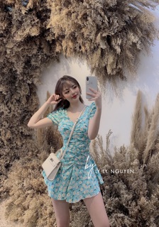 Đầm hoa dáng xoè nhúm eo 3 màu (ảnh thật)