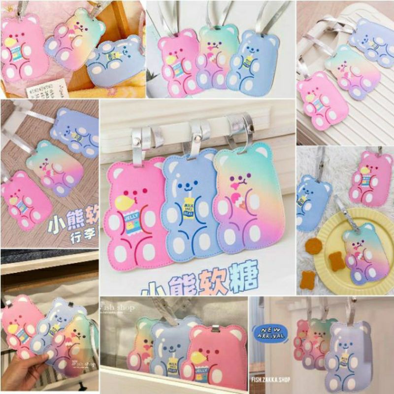 Thẻ tag vali da PU chống thất lạc hành lý du lịch Bentoy Milkjoy gấu Jelly Bean Gummy Bear xanh pastel