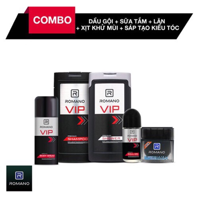 Combo Romano VIP: Dầu Gội 180g + Sữa Tắm 180g + Lăn Khử Mùi 50ml + Xịt Khử Mùi 150ml + Sáp Tạo Kiểu Tóc 68g