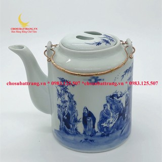 Ấm tích pha trà xanh men trắng xanh ''Trúc Lâm thất hiền'' - 1,5lit