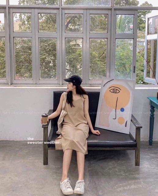 Đầm 2 dây nữ dáng suông chất đũi lụa hàng đổ shop