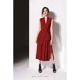 sét áo váy kiểu áo vest và chân váy dài xẻ tà