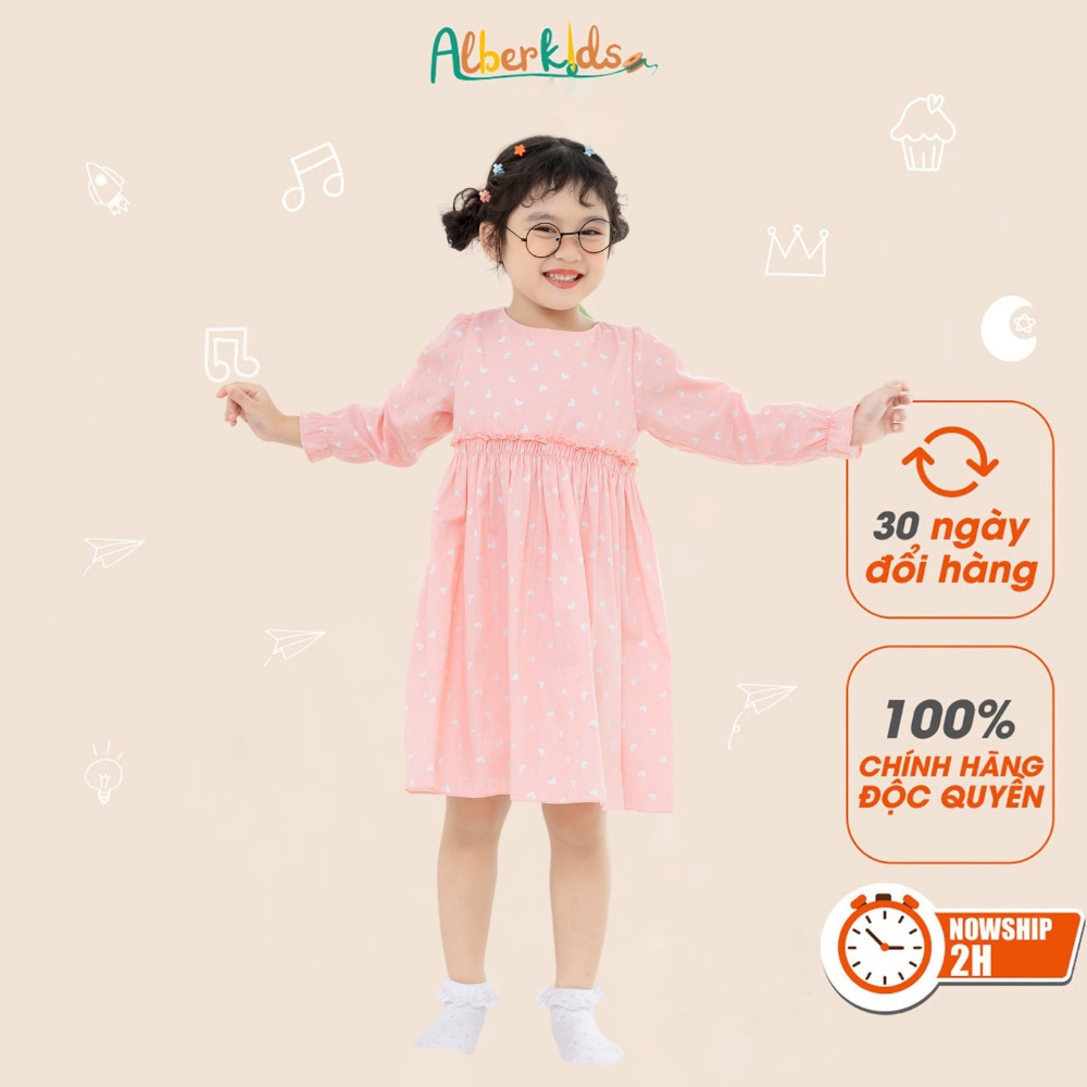 Váy bé gái ALBERKIDS tay dài hồng hình TRÁI TIM công chúa xinh đẹp cho trẻ em gái từ 2,3,4,5,6,7,8,9,10,11,12 tuổi [V40]