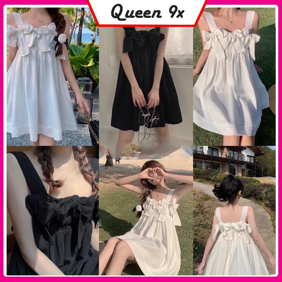 Đầm Nữ 2 Dây Babydoll Buộc Nơ, Váy Hai Dây Công Chúa Bánh Bèo Màu Đen Trắng Loại 1